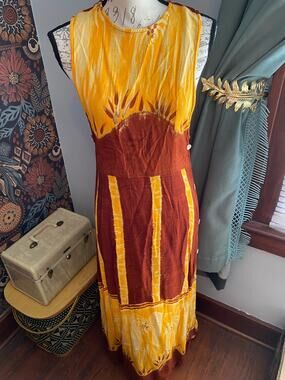 Marla Kim Tie Dyed Yellow & Rust Red Palm Tree Maxi Dress